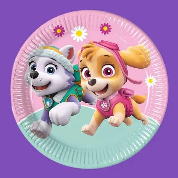 Paw Patrol themed party plate featuring Skye and Everest on a pink background with flower decorations.